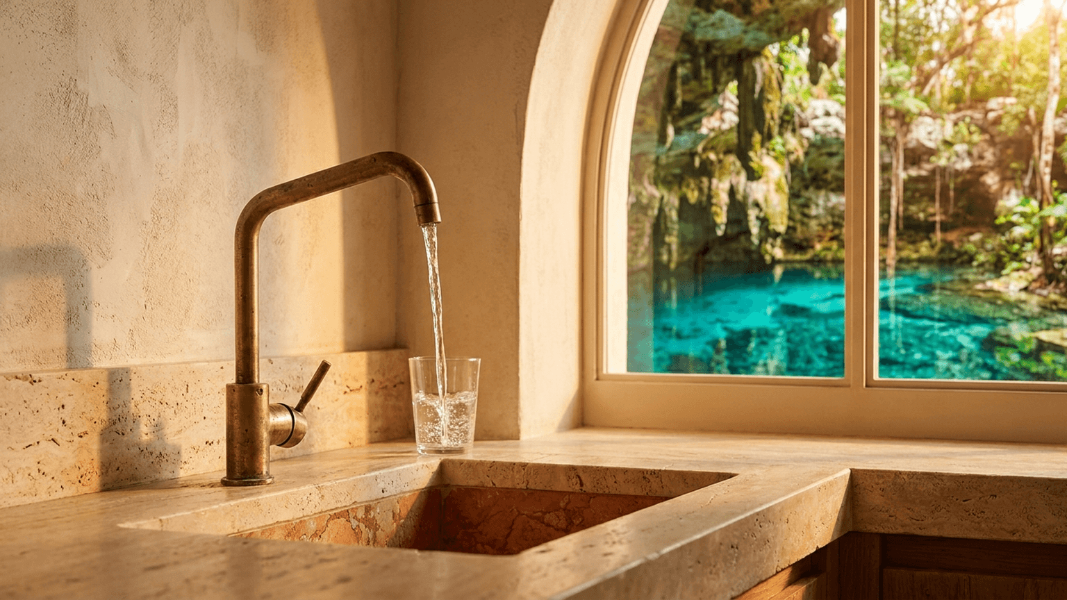 Cocina con grifo de ósmosis vertiendo agua cristalina a un vaso, con vistas a un cenote turquesa maya al fondo
